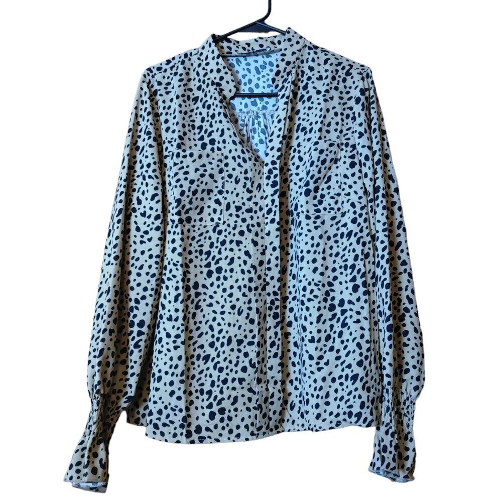 Ecowish Size Large Long Sleeve Leopard Print Pullover Blouse Pockets Smocked